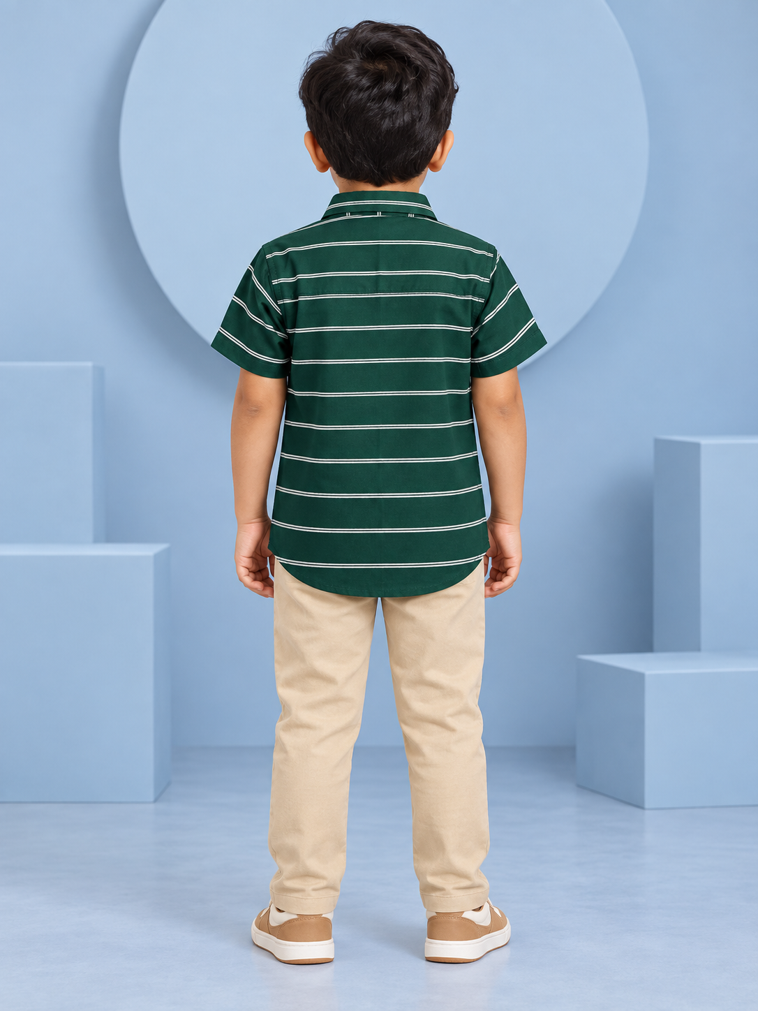 Boys Dark Green White Stripe Cotton Shirt