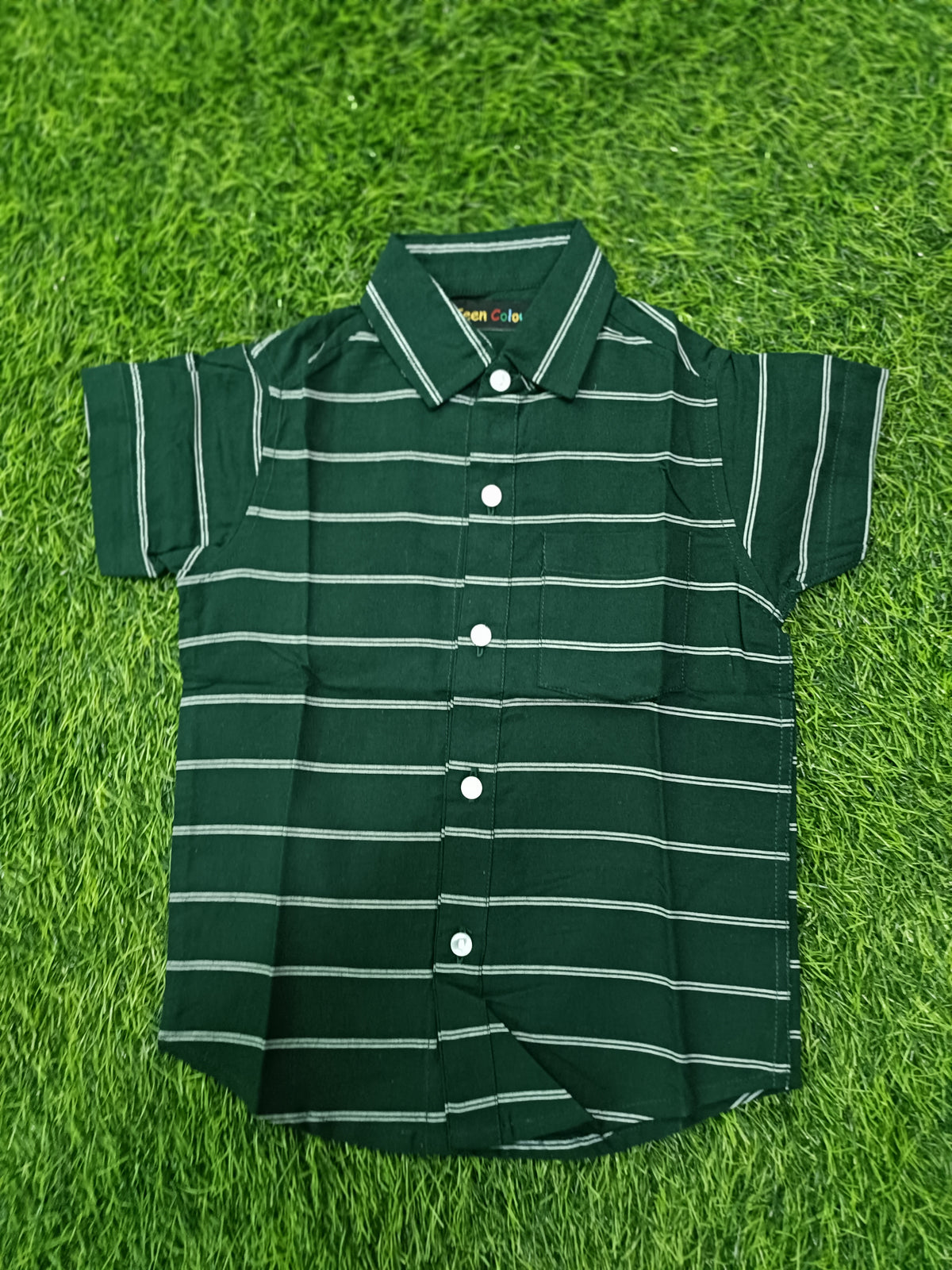 Boys Dark Green White Stripe Cotton Shirt