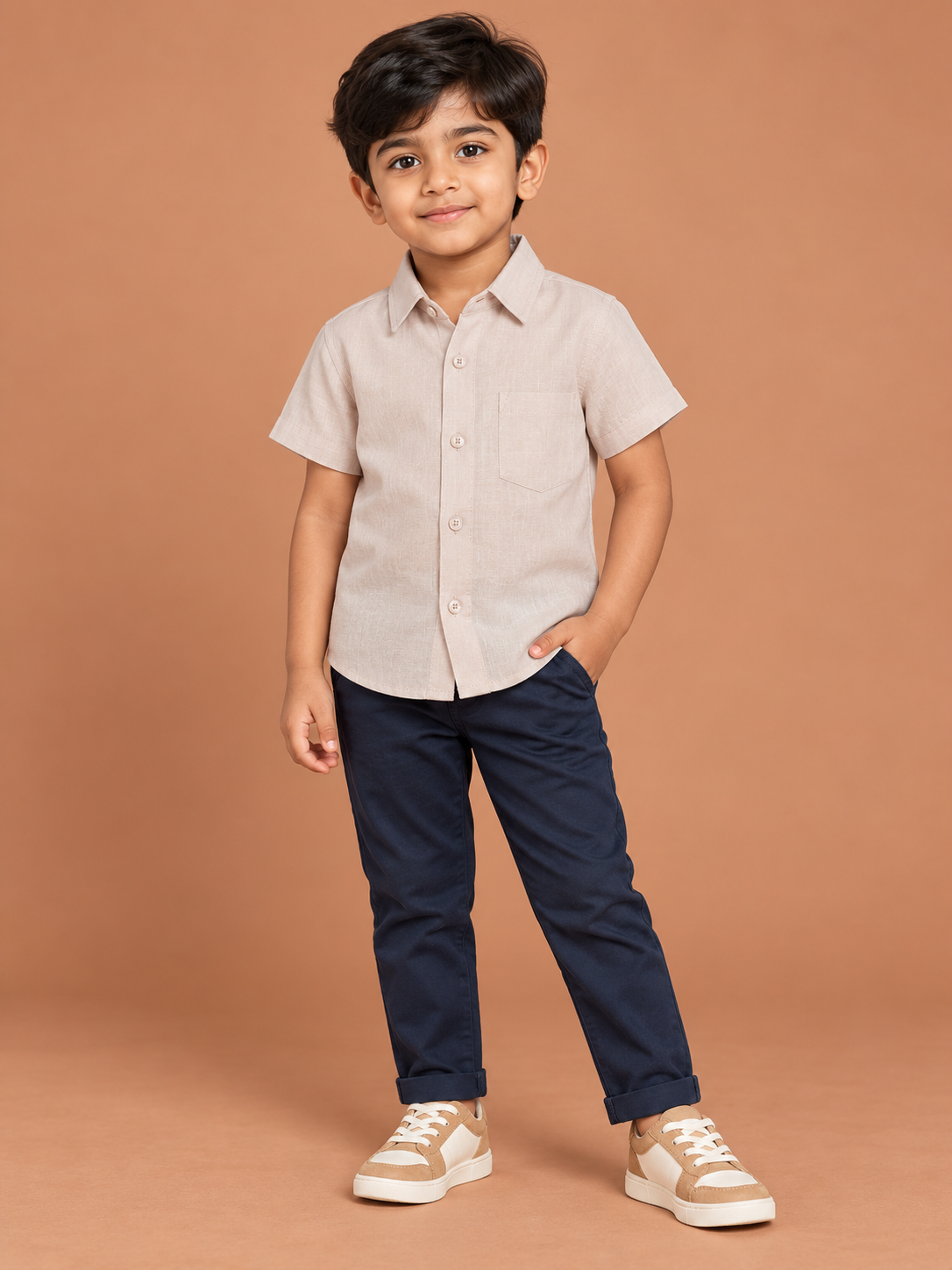 Boys Light Beige Textured Linen Shirt