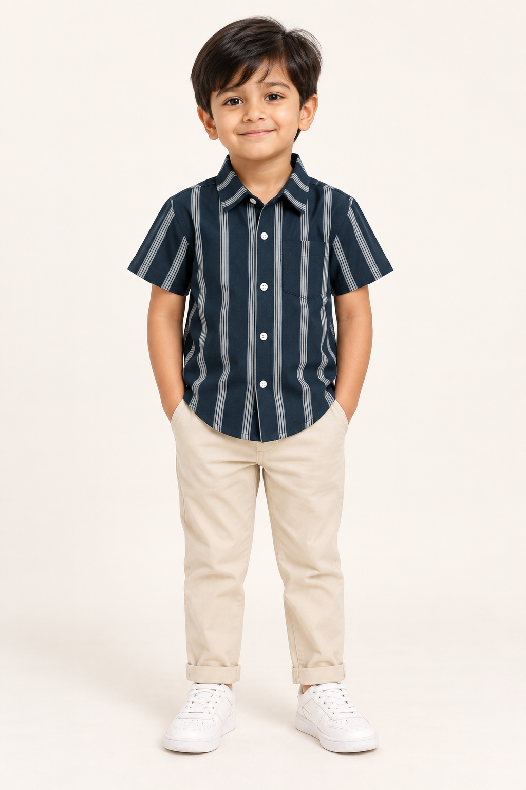 Boys Dark Navy Vertical Stripe Cotton Shirt