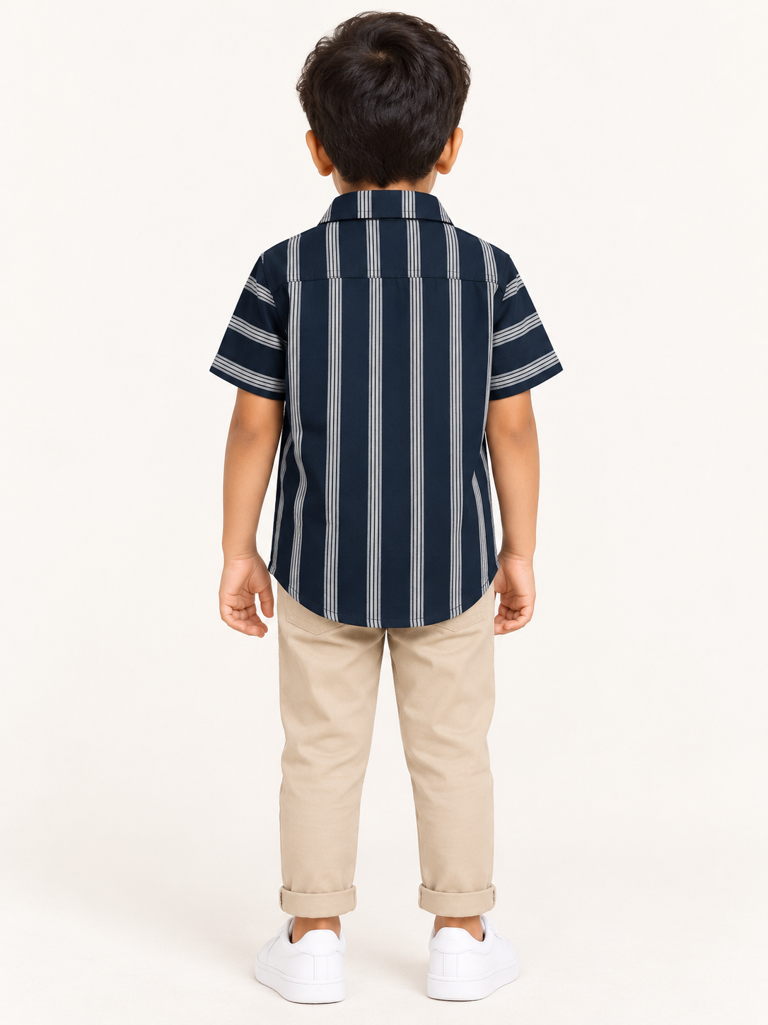 Boys Dark Navy Vertical Stripe Cotton Shirt