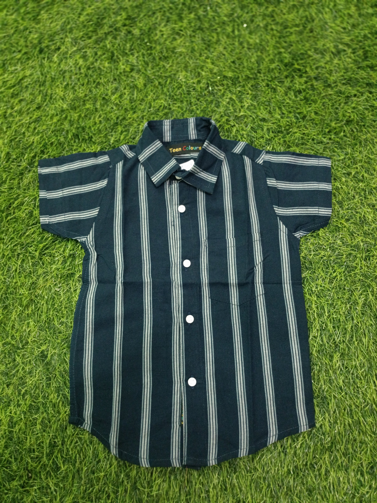 Boys Dark Navy Vertical Stripe Cotton Shirt