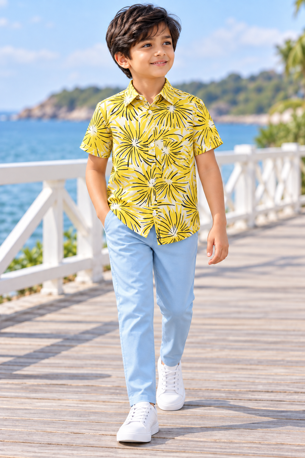 Boys Yellow Floral Printed Short Sleeve Shirt