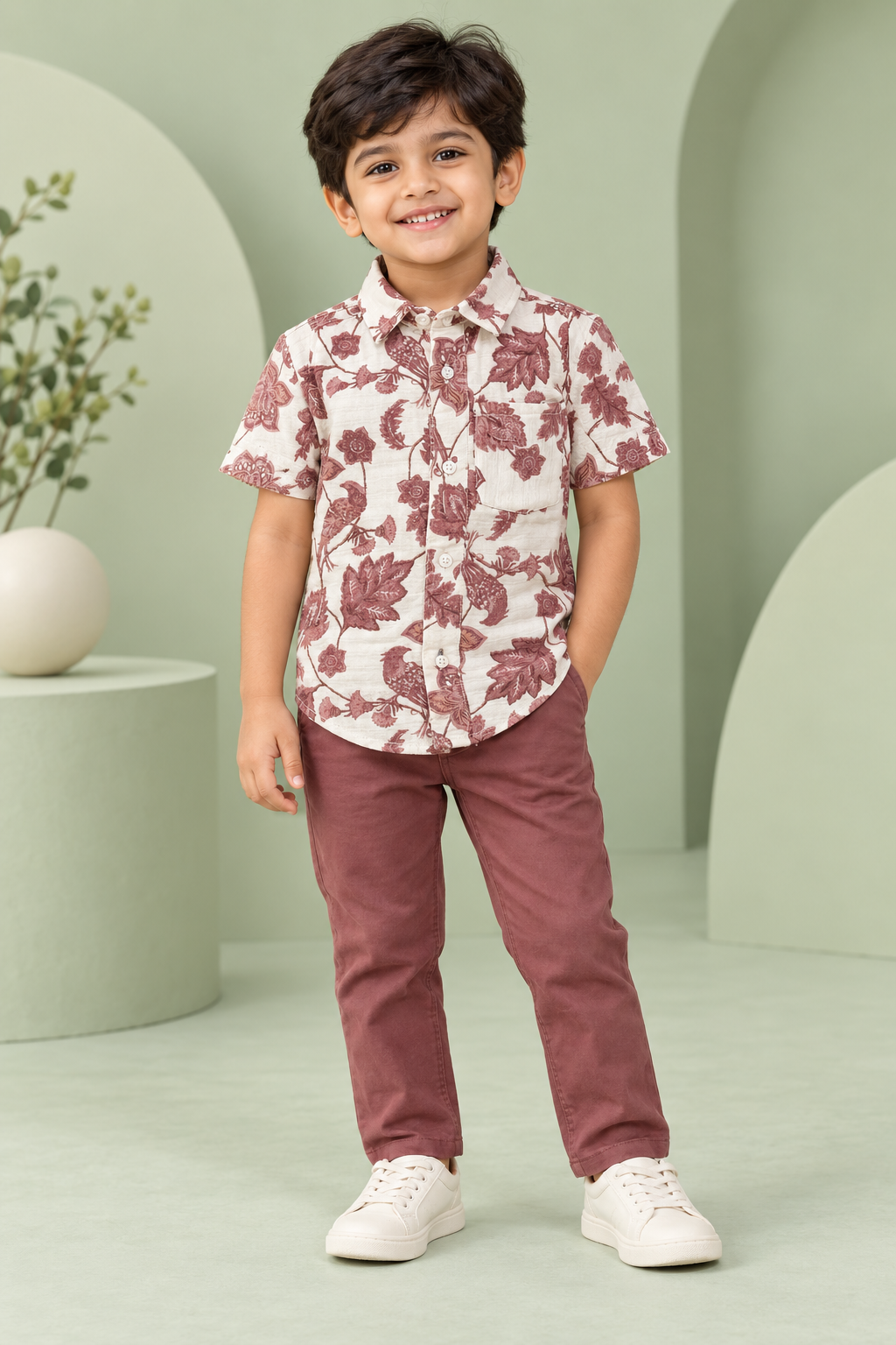 Boys Off-White Brown Floral & Bird Print Cotton Shirt