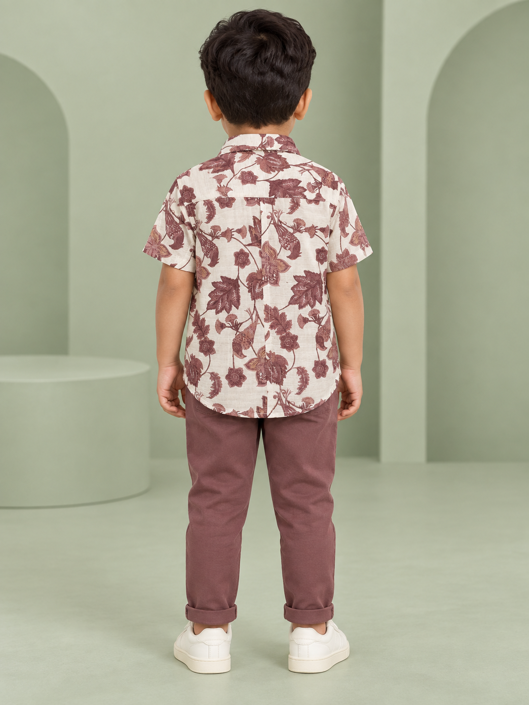 Boys Off-White Brown Floral & Bird Print Cotton Shirt