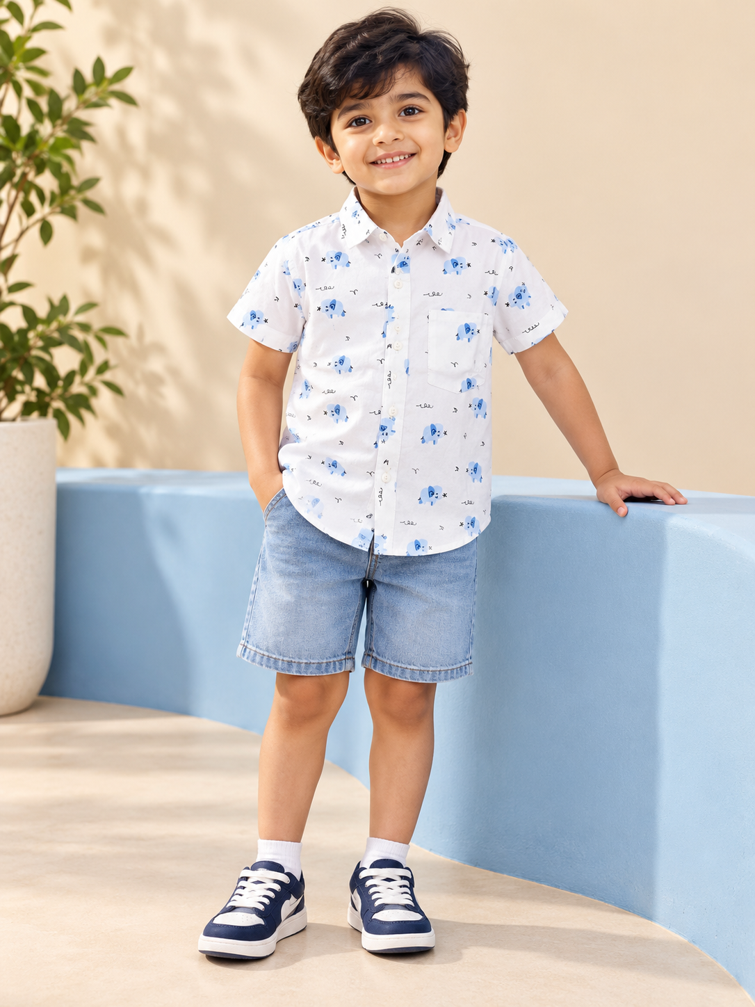 Boys White Blue Elephant Print Cotton Shirt