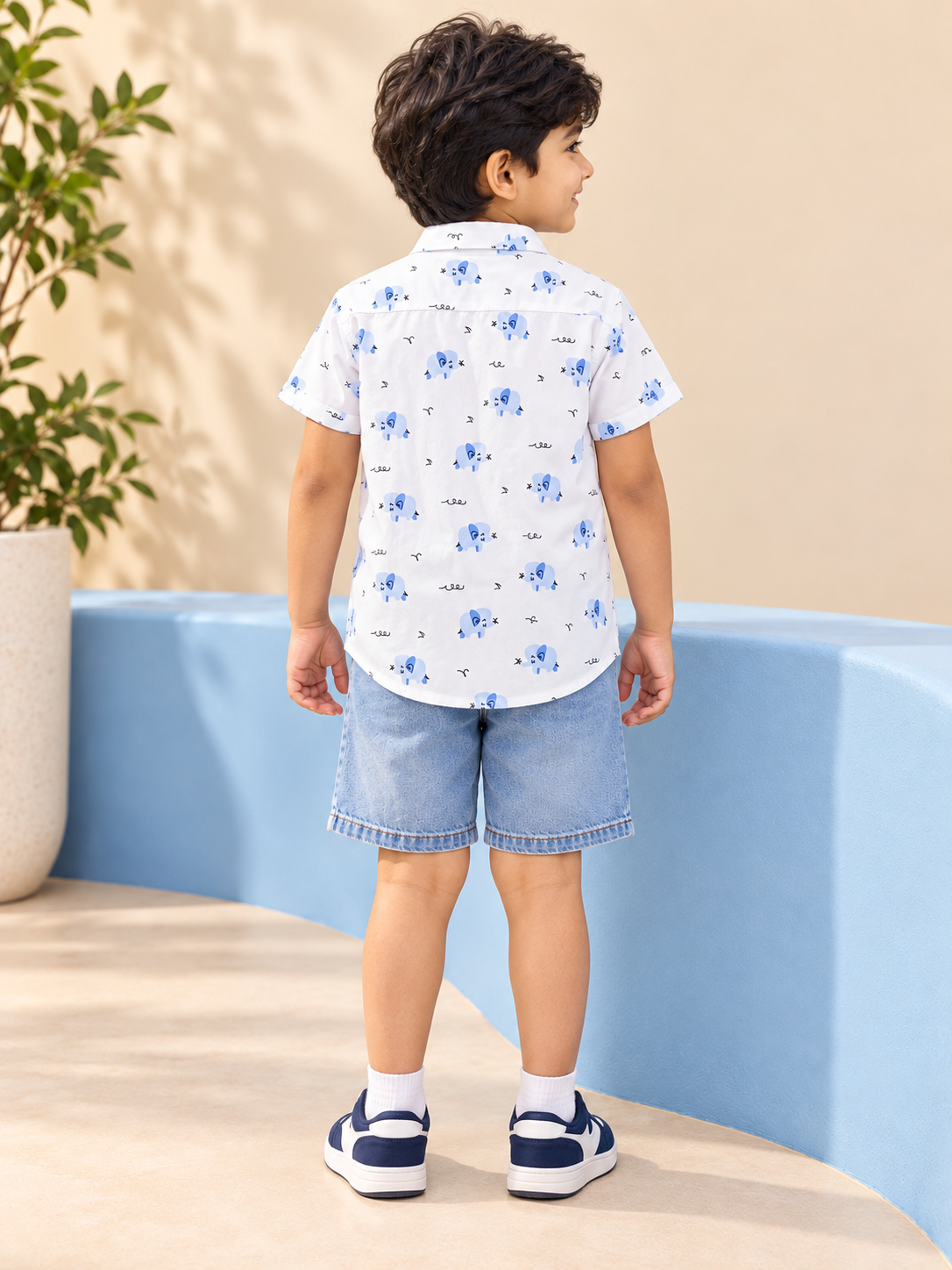 Boys White Blue Elephant Print Cotton Shirt