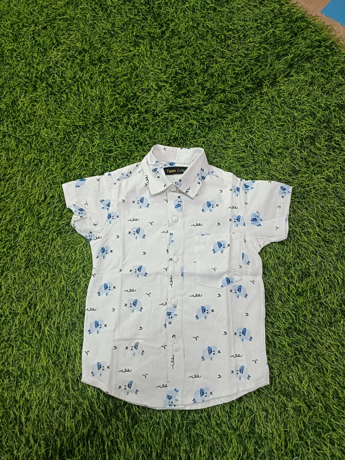 Boys White Blue Elephant Print Cotton Shirt