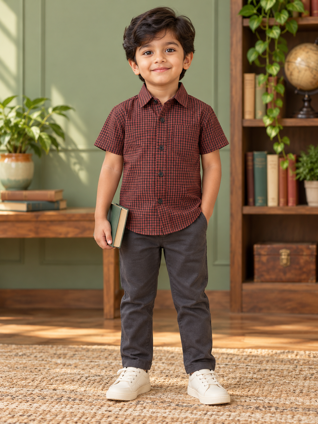 Boys Rust Brown and Black Check Cotton Shirt