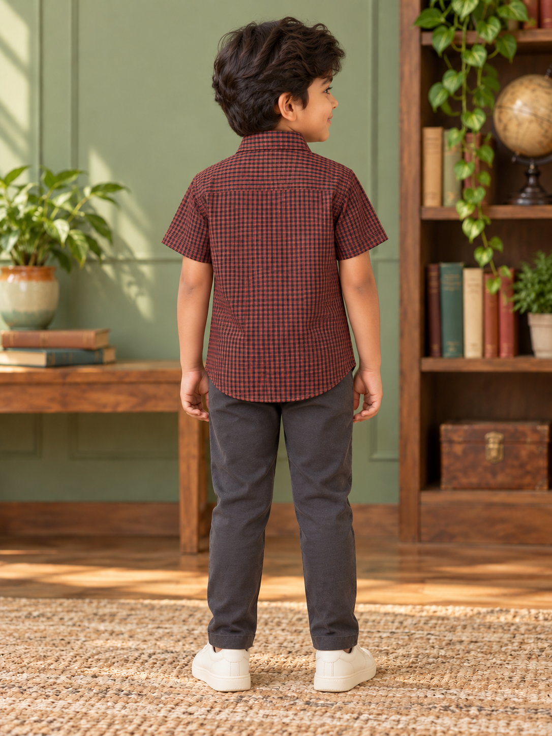 Boys Rust Brown and Black Check Cotton Shirt