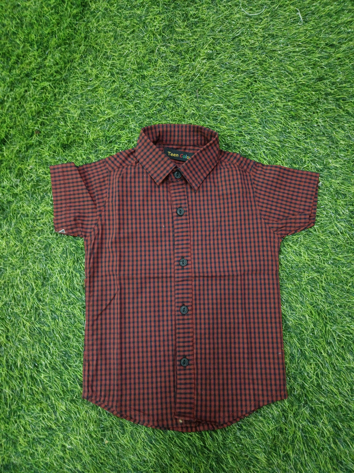 Boys Rust Brown and Black Check Cotton Shirt