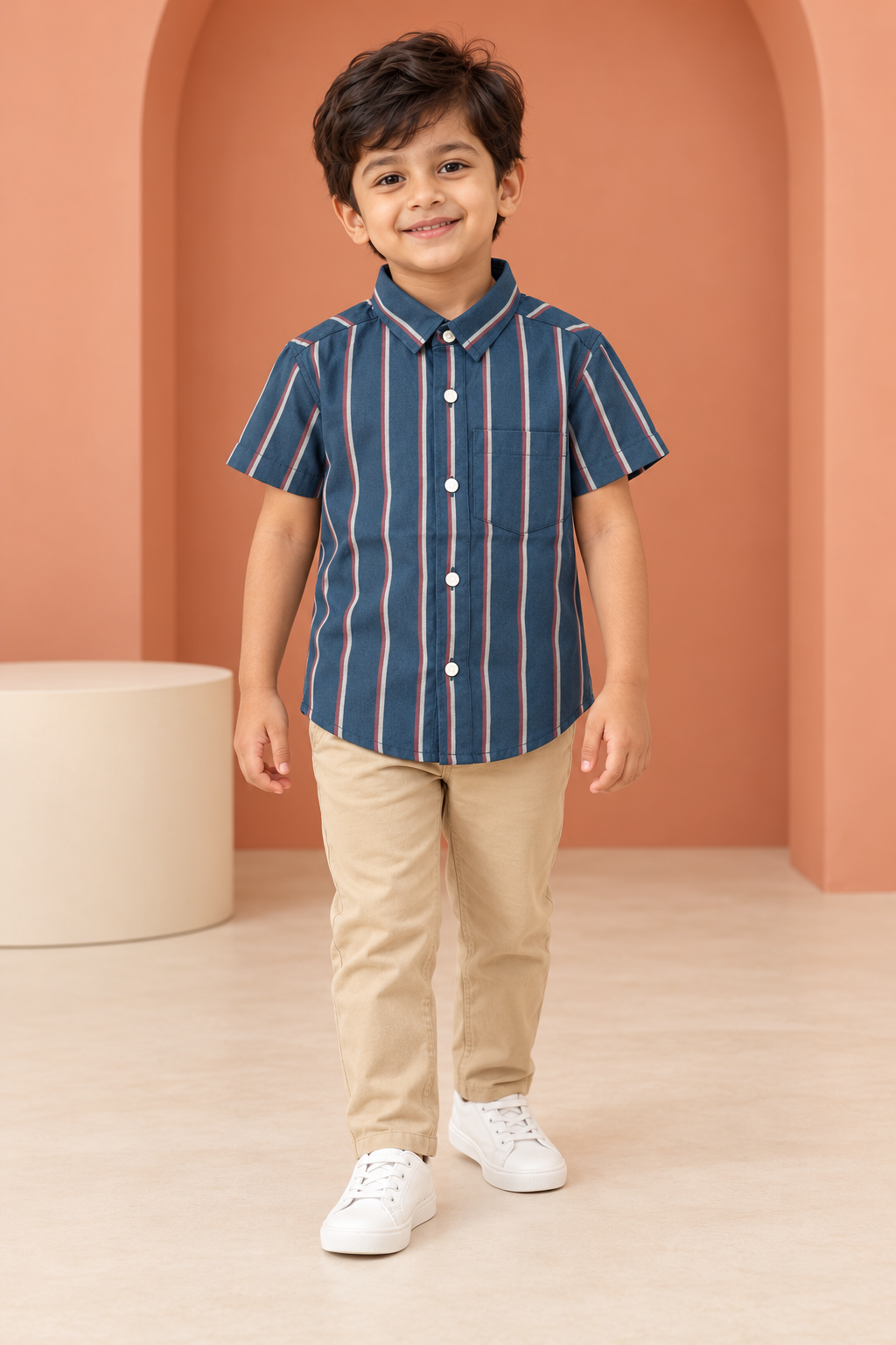 Boys Navy Blue Red and White Stripe Cotton Shirt