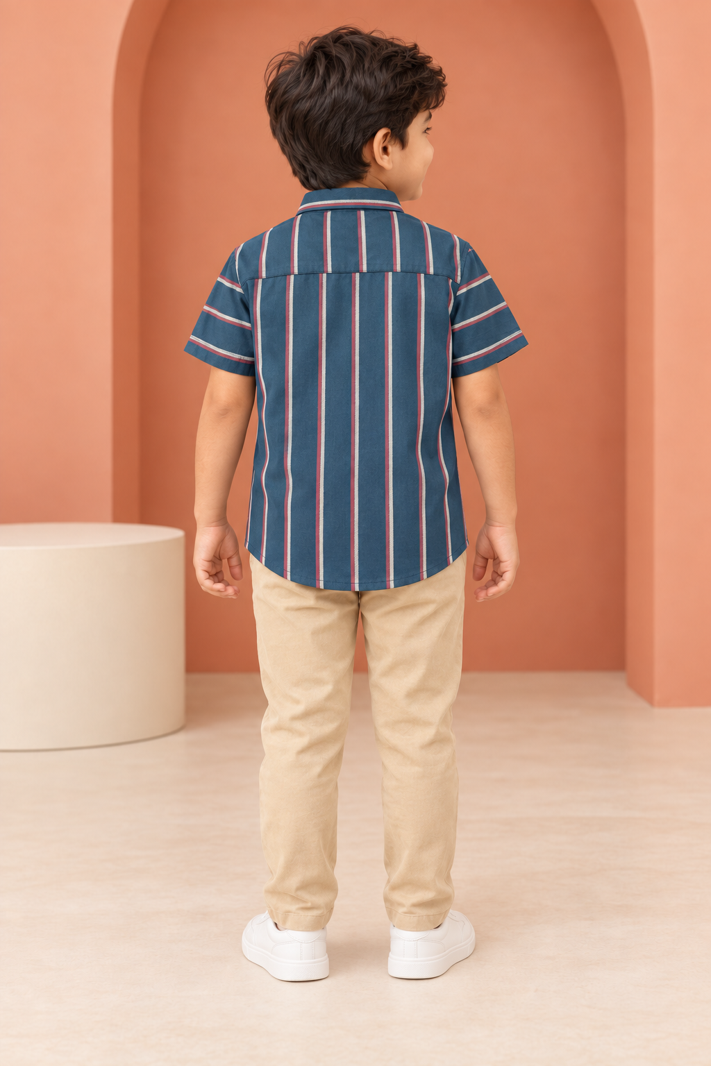 Boys Navy Blue Red and White Stripe Cotton Shirt
