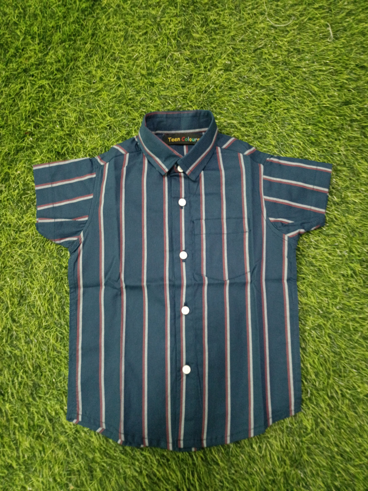 Boys Navy Blue Red and White Stripe Cotton Shirt