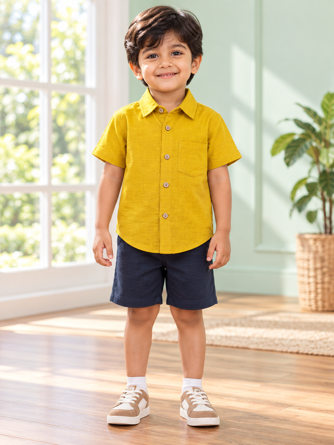 Boys Mustard Yellow Textured Cotton Shirt