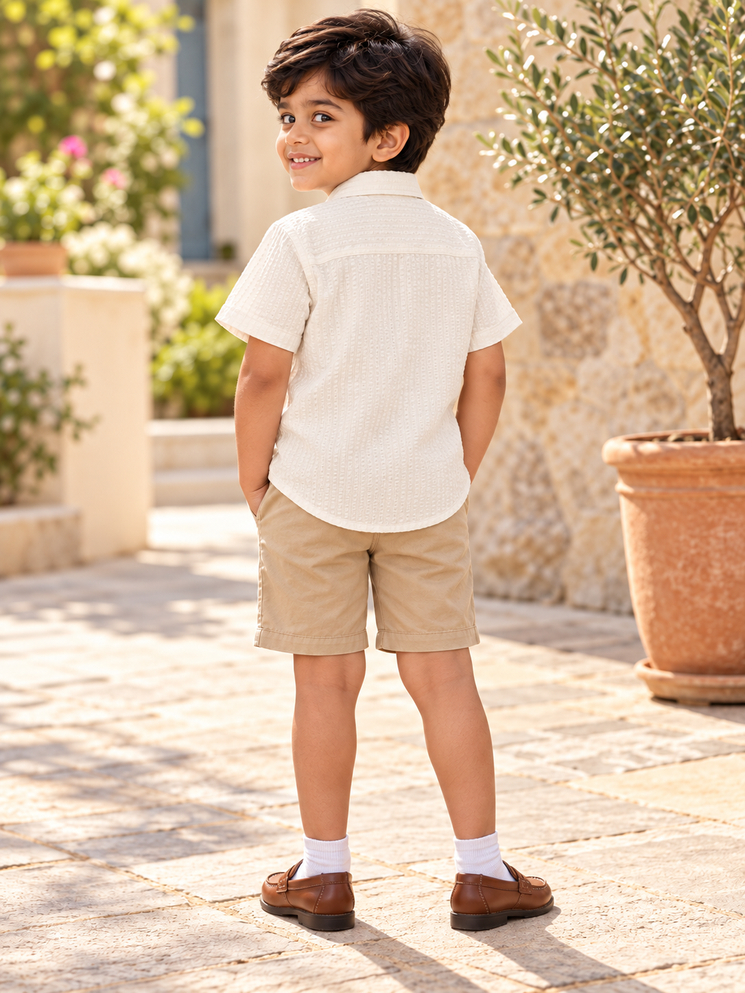 Boys Off-White Textured Short-Sleeve Cotton Shirt