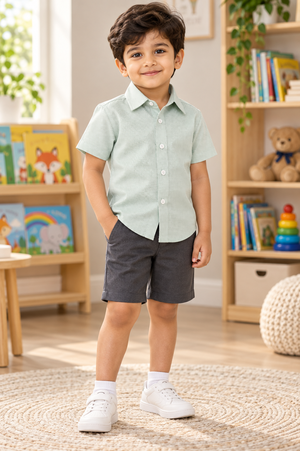 Boys Light Mint Green Textured Cotton Shirt