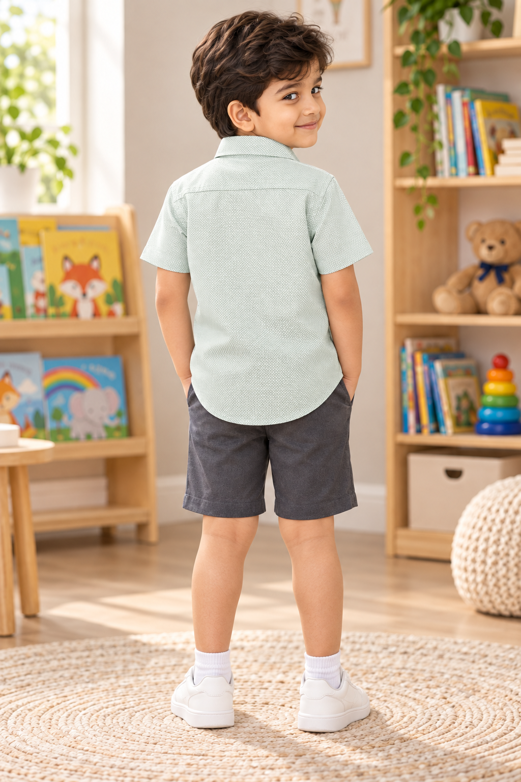 Boys Light Mint Green Textured Cotton Shirt