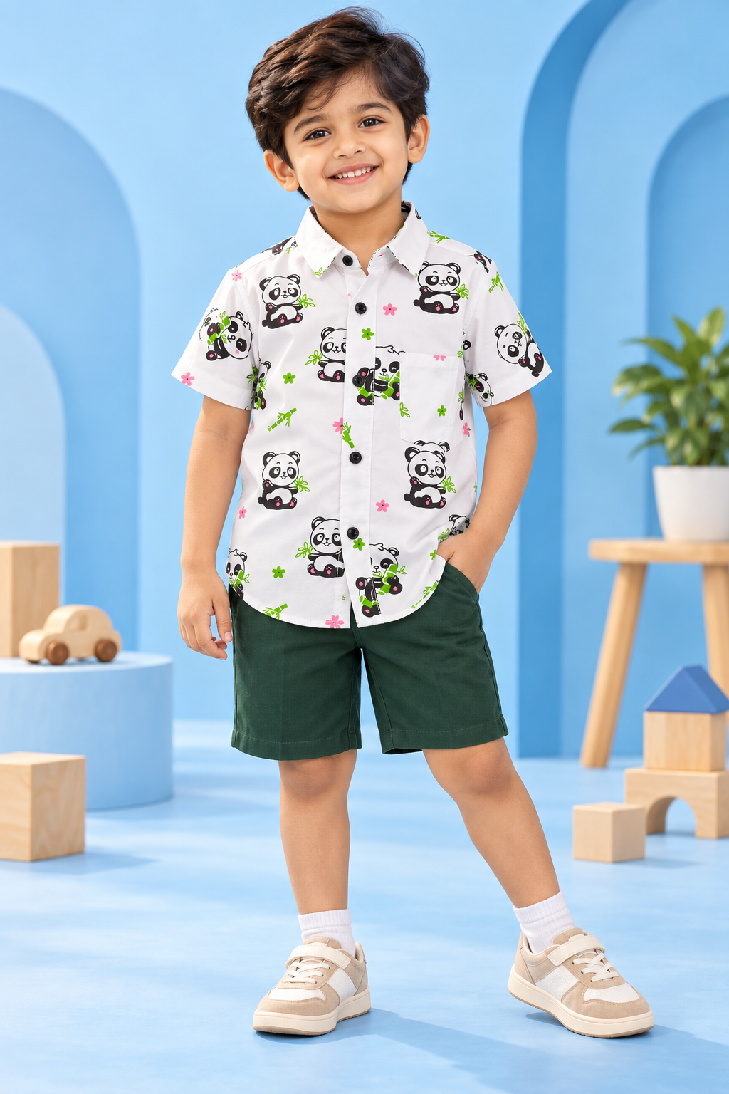 Boys White Panda Print Cotton Shirt