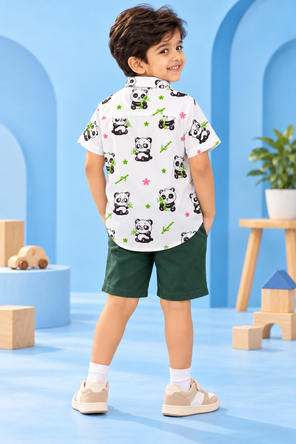 Boys White Panda Print Cotton Shirt