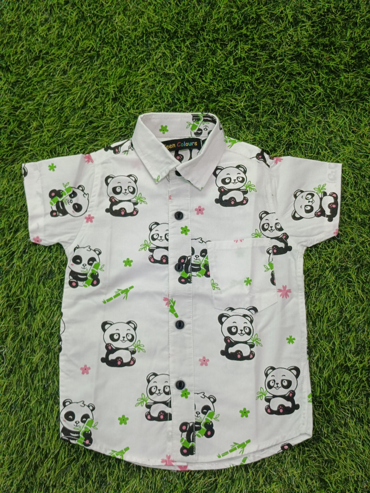 Boys White Panda Print Cotton Shirt