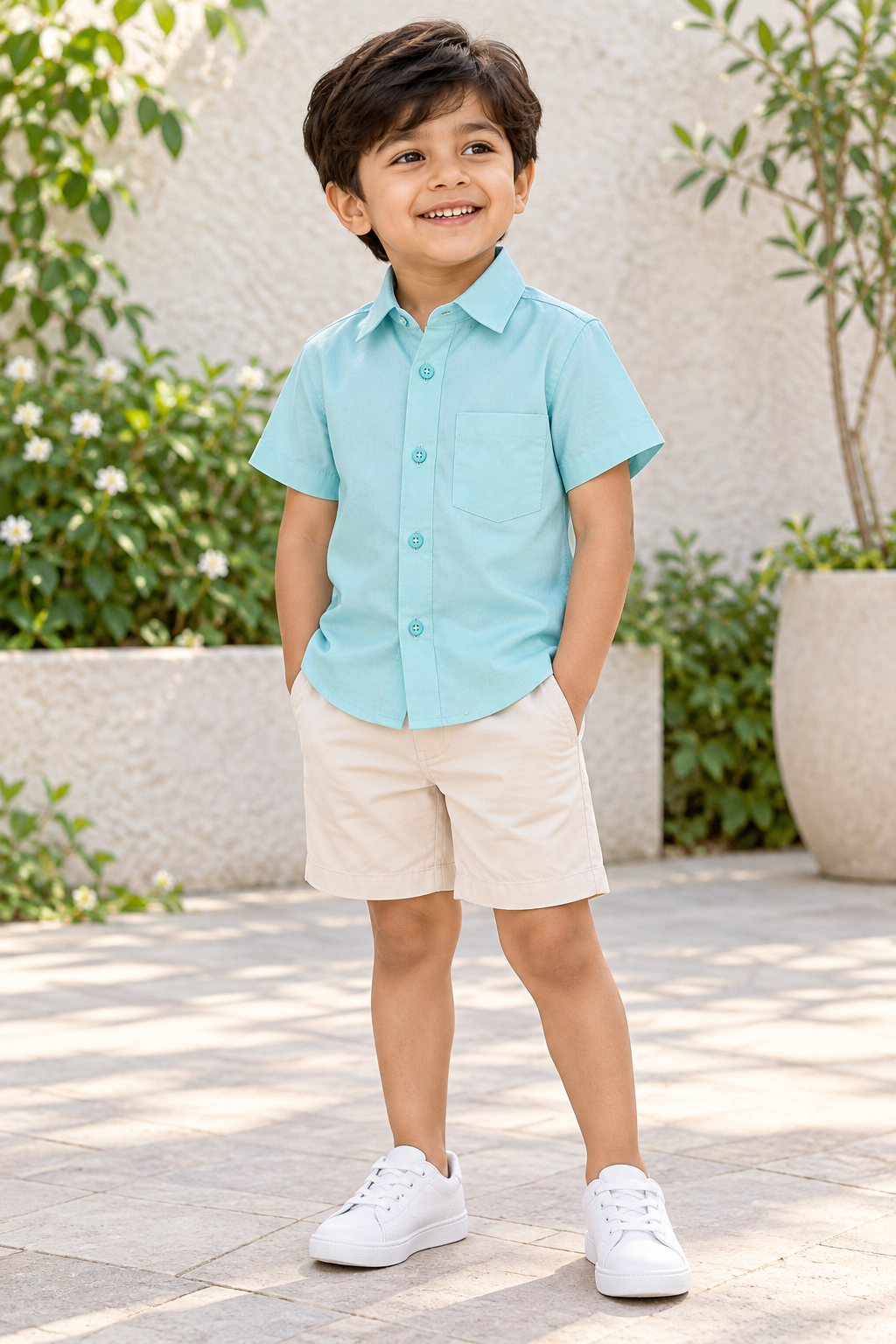 Boys Light Aqua Blue Solid Short Sleeve Shirt
