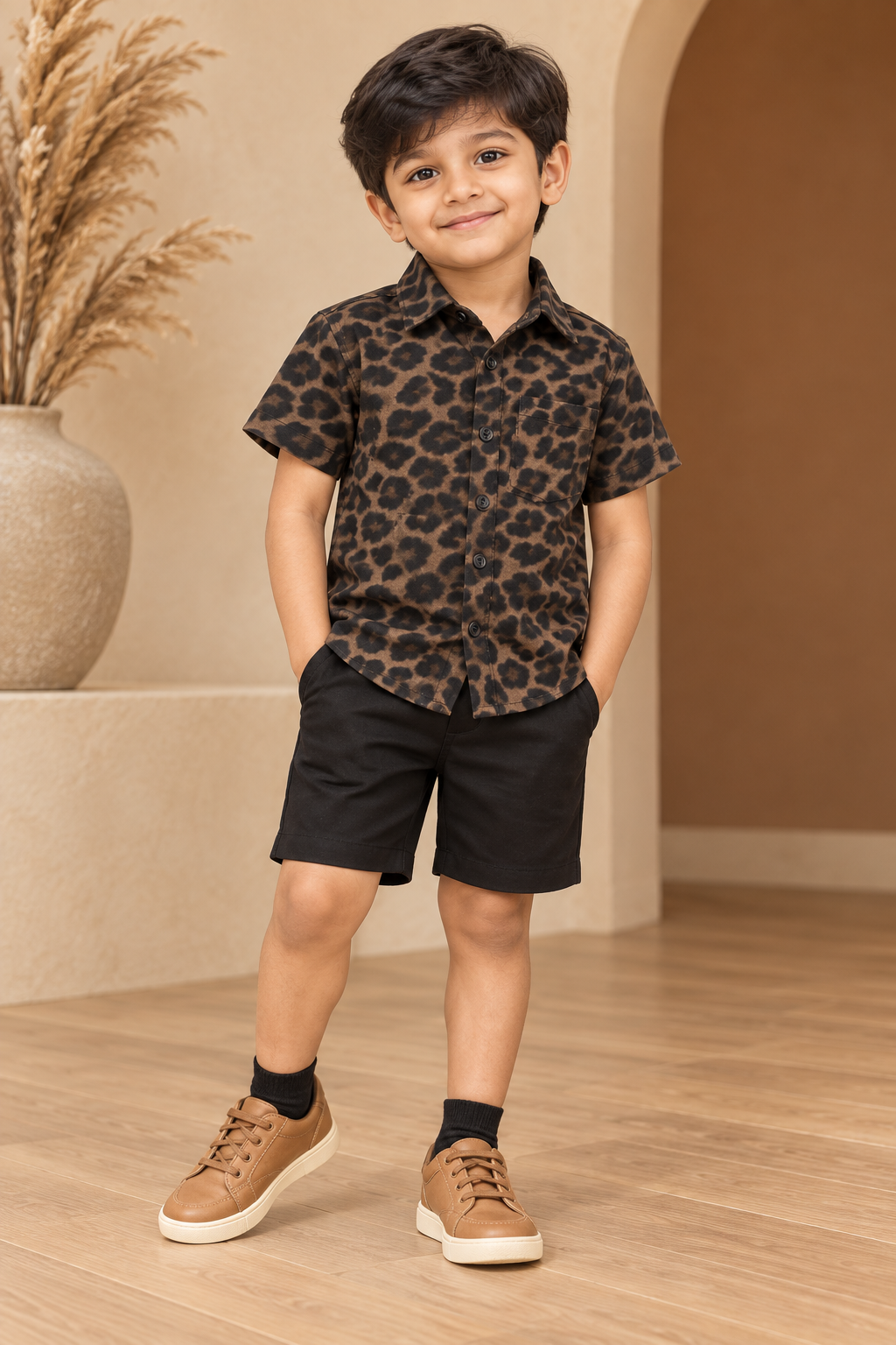 Boys Chocolate Brown Leopard Print Cotton Shirt