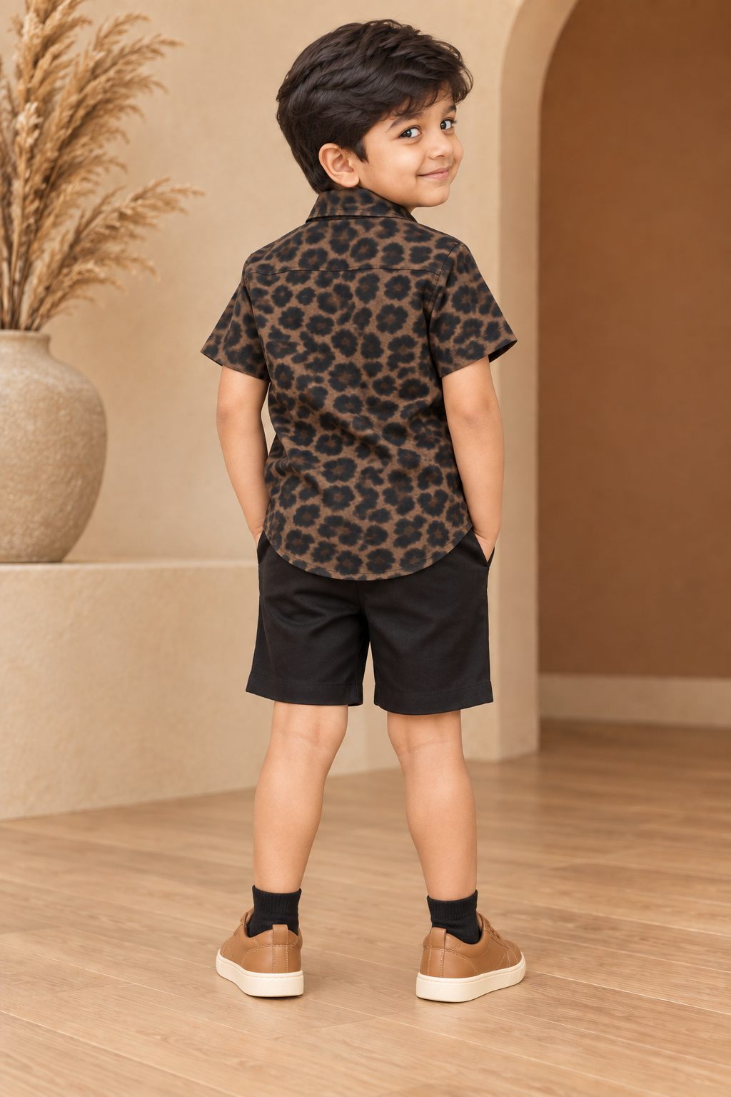 Boys Chocolate Brown Leopard Print Cotton Shirt