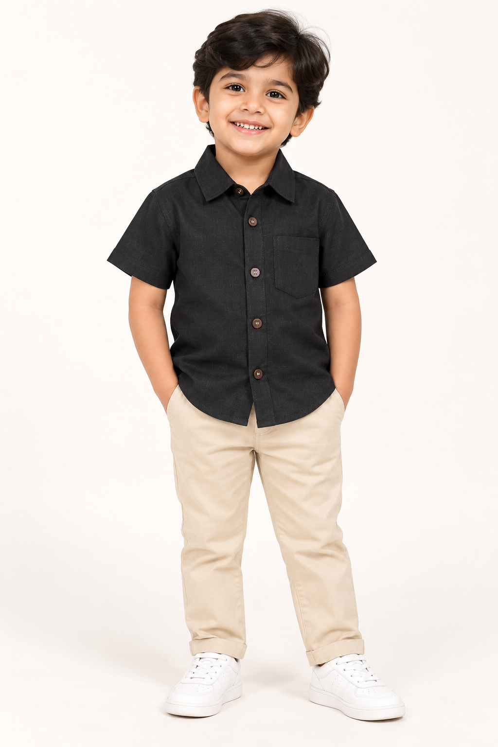 Boys Solid Black Short-Sleeve Cotton Shirt