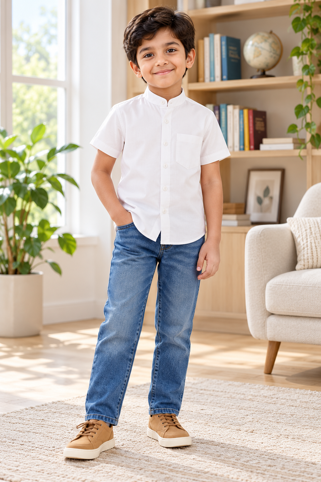 Boys White Mandarin Collar Short Sleeve Shirt