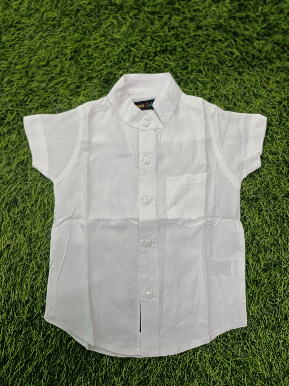 Boys White Mandarin Collar Short Sleeve Shirt