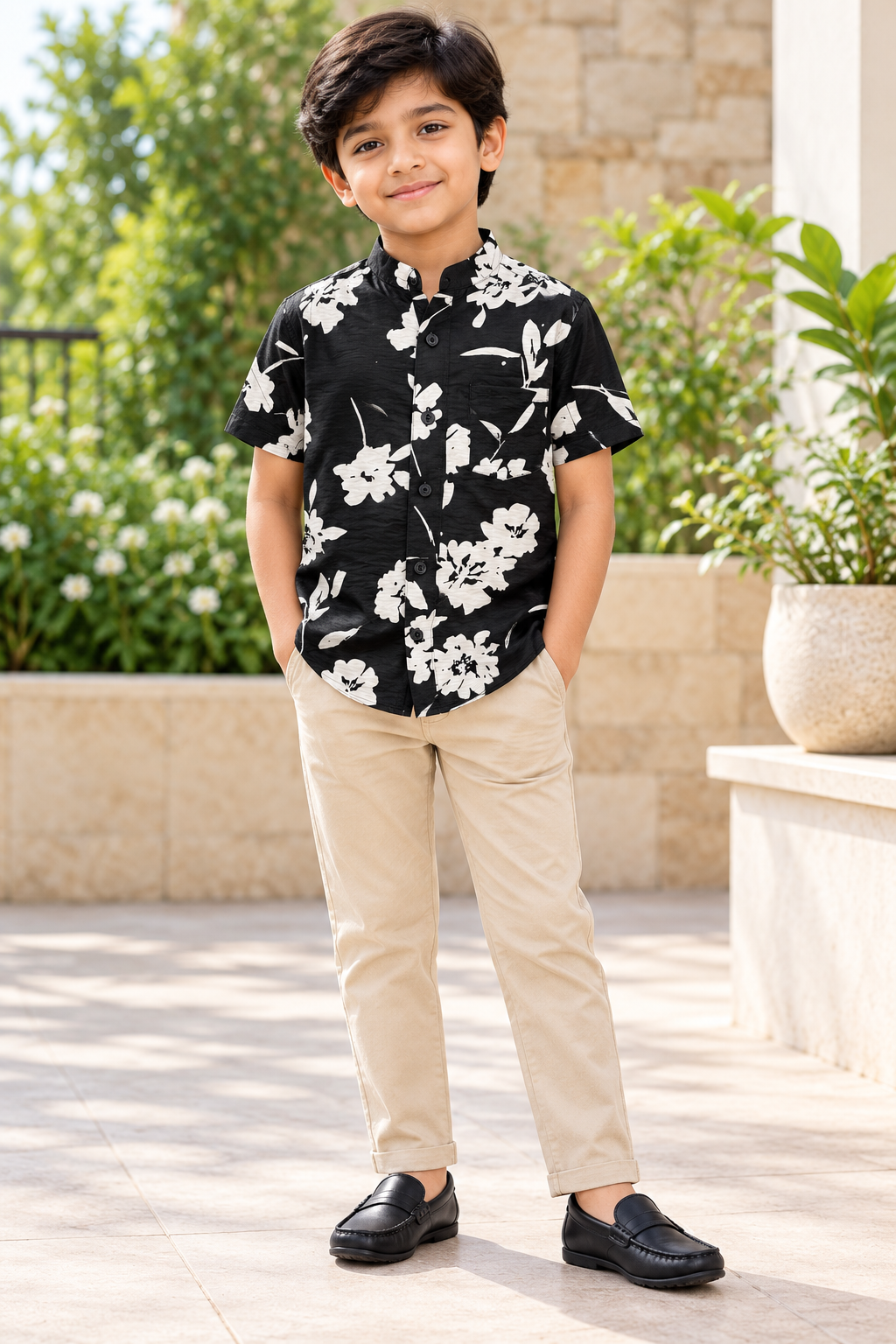 Boys Black Floral Print Mandarin Collar Cotton Shirt