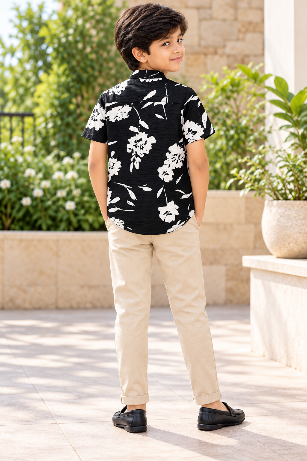 Boys Black Floral Print Mandarin Collar Cotton Shirt
