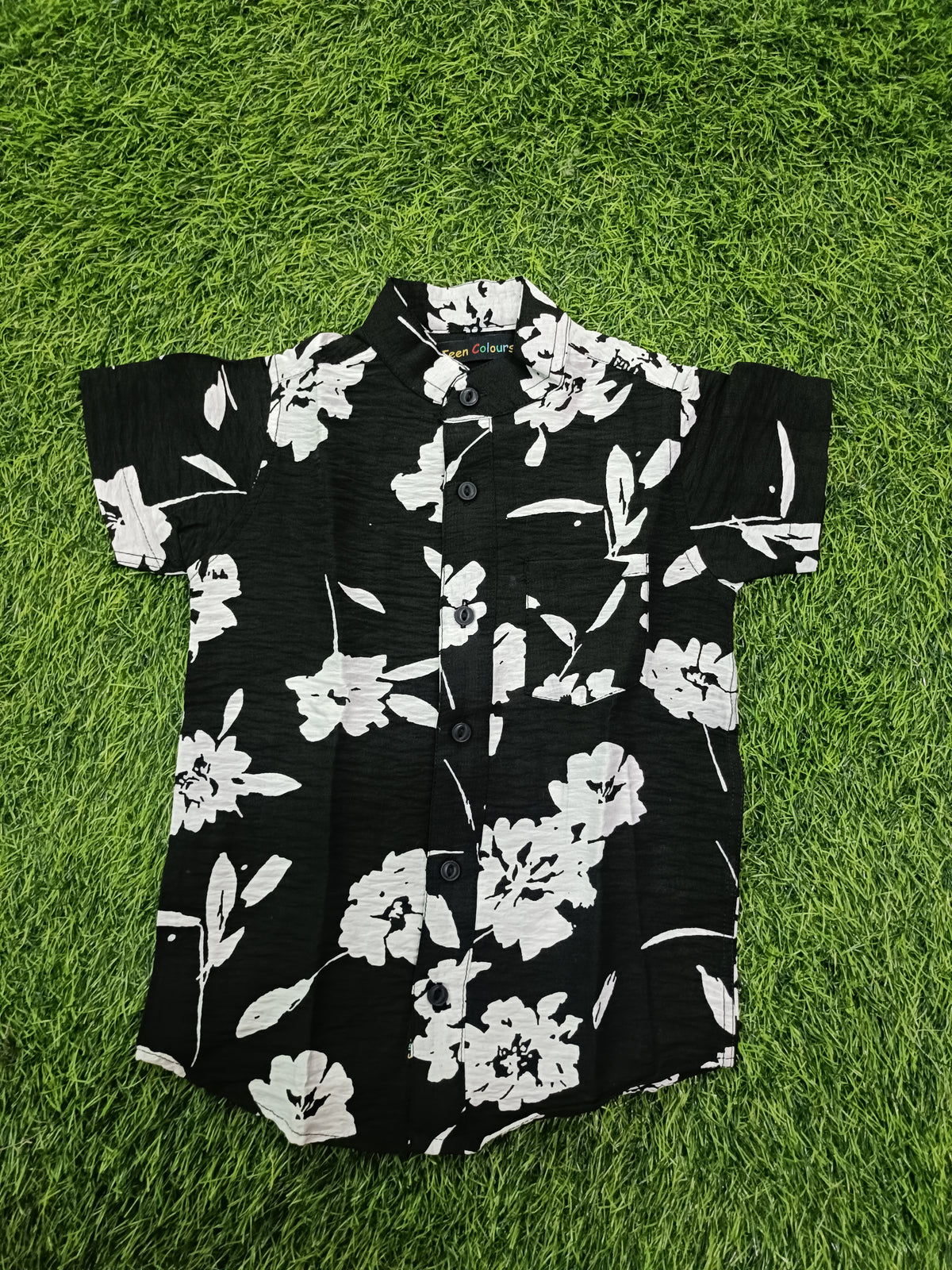 Boys Black Floral Print Mandarin Collar Cotton Shirt