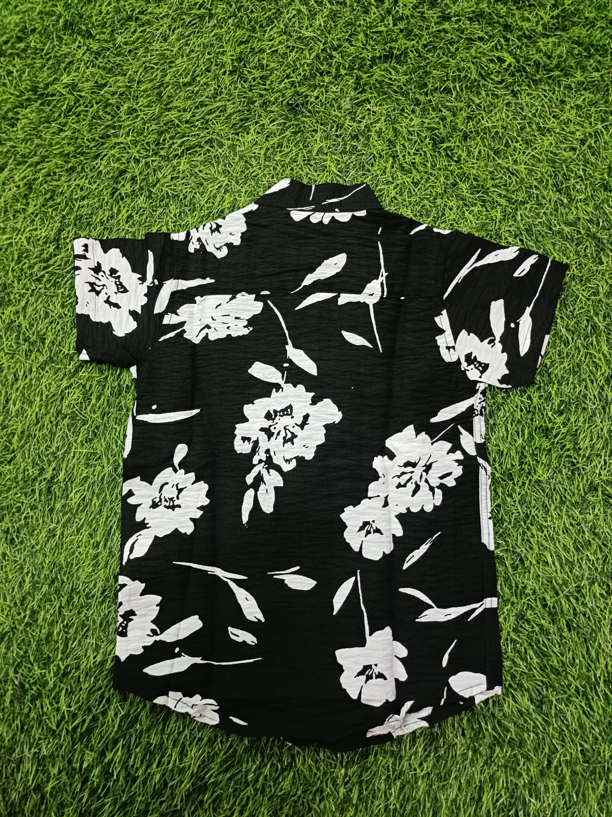 Boys Black Floral Print Mandarin Collar Cotton Shirt