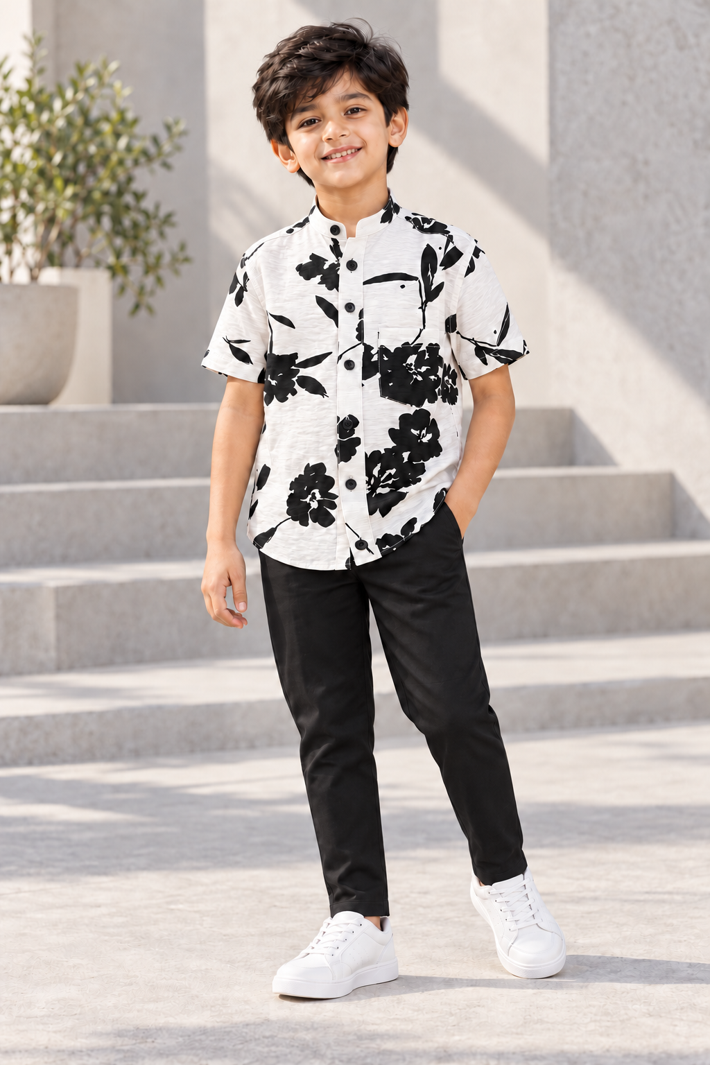 Boys Off-White Black Floral Print Chinese Collar Cotton Shirt