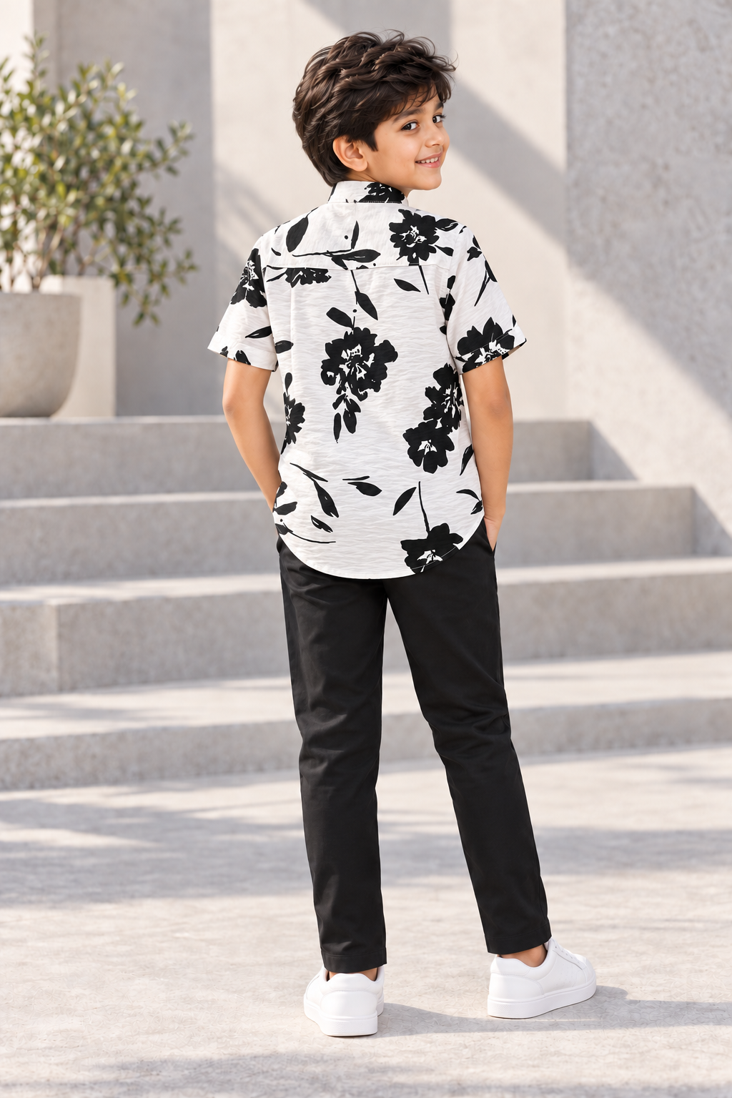 Boys Off-White Black Floral Print Chinese Collar Cotton Shirt