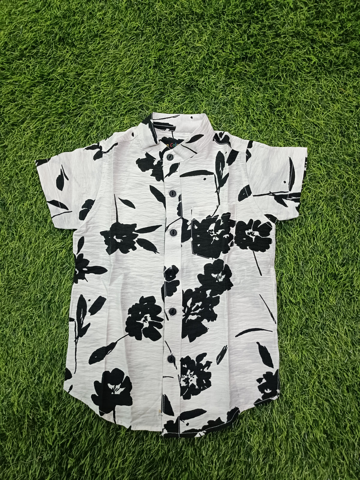 Boys Off-White Black Floral Print Chinese Collar Cotton Shirt