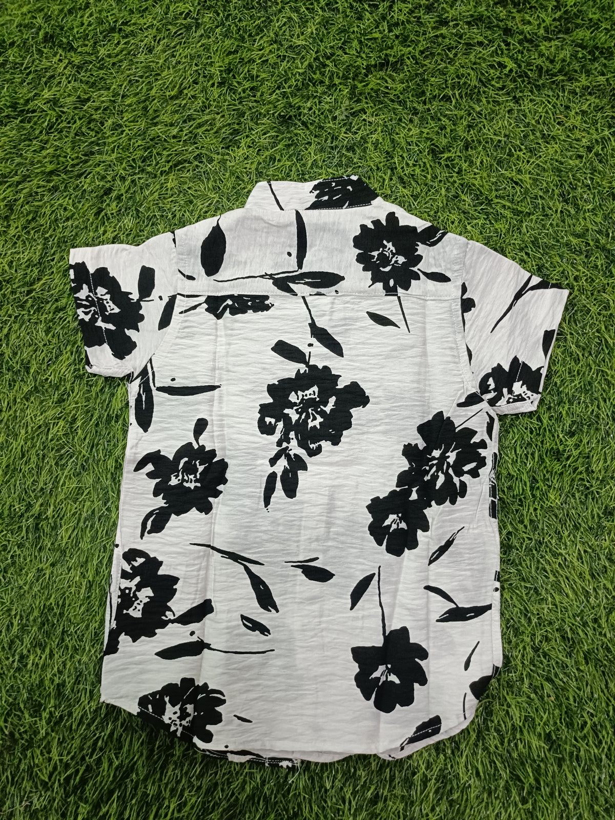 Boys Off-White Black Floral Print Chinese Collar Cotton Shirt
