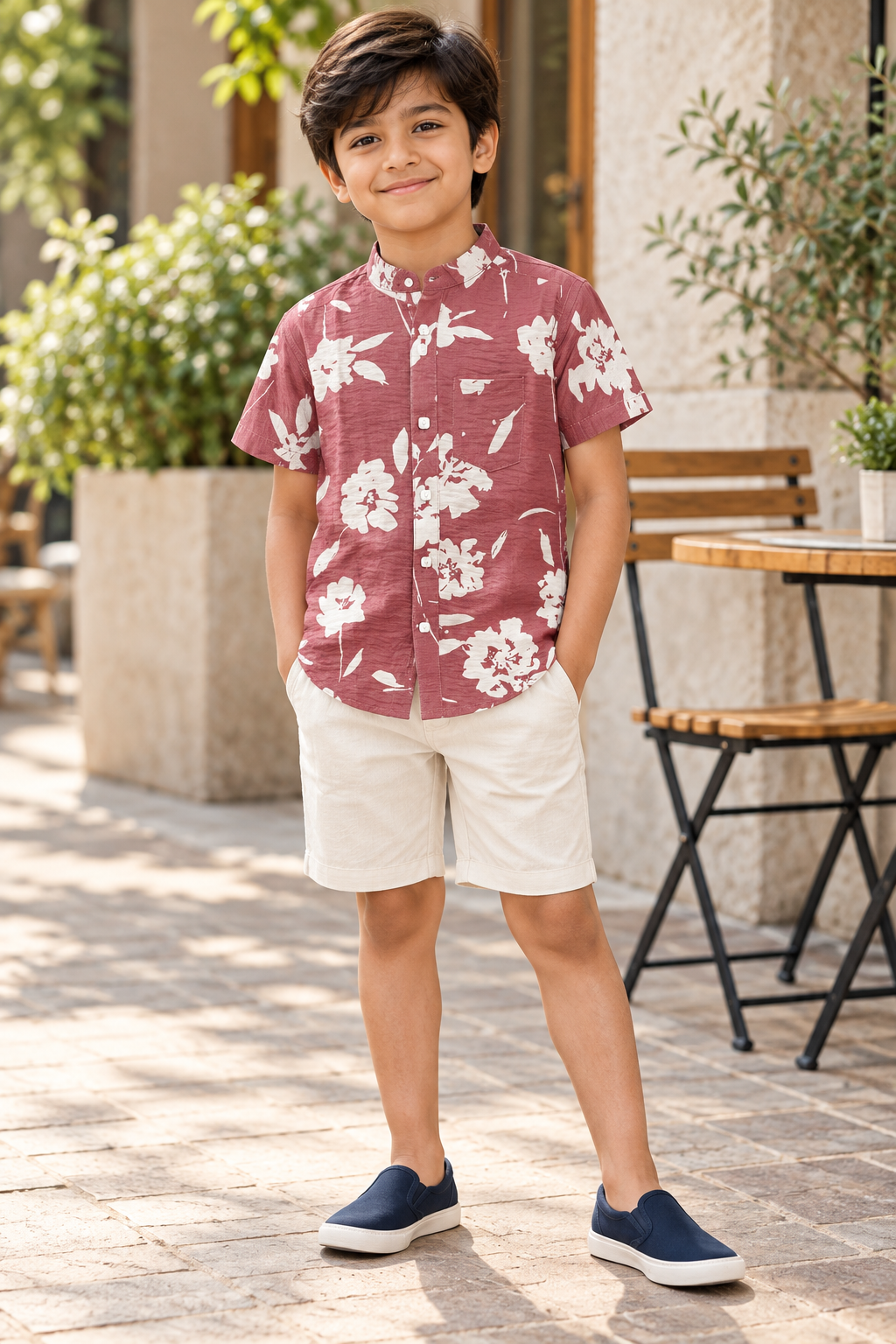 Boys Dusty Rose Floral Mandarin Collar Cotton Shirt