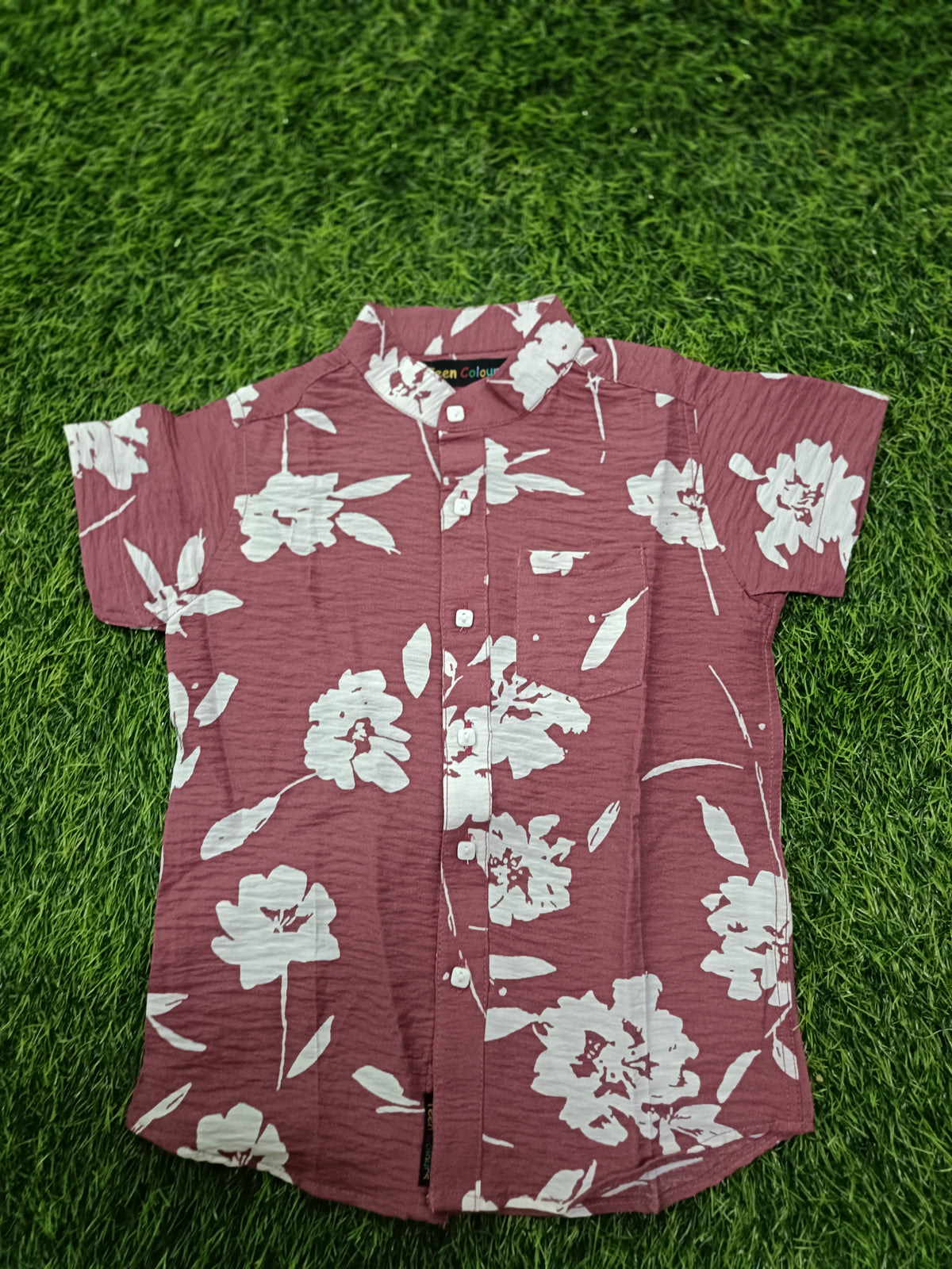 Boys Dusty Rose Floral Mandarin Collar Cotton Shirt
