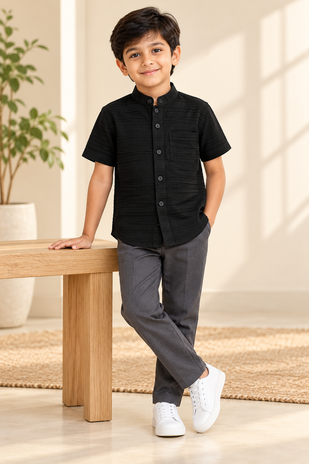 Boys Black Textured Mandarin Collar Cotton Shirt