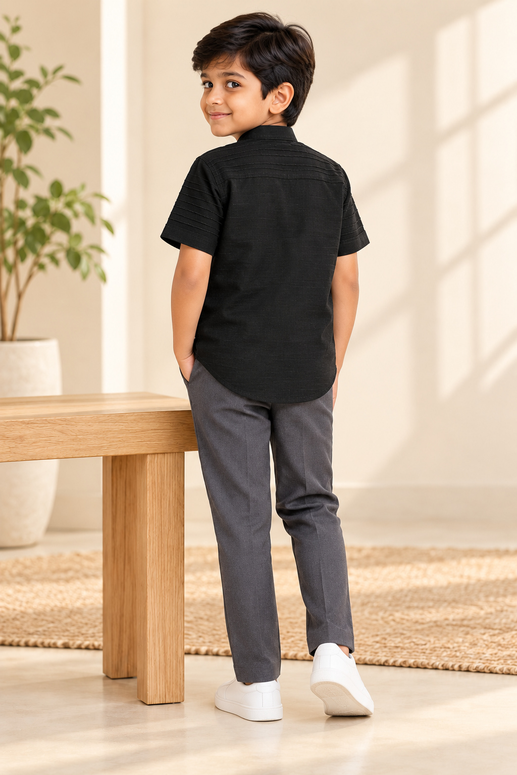 Boys Black Textured Mandarin Collar Cotton Shirt