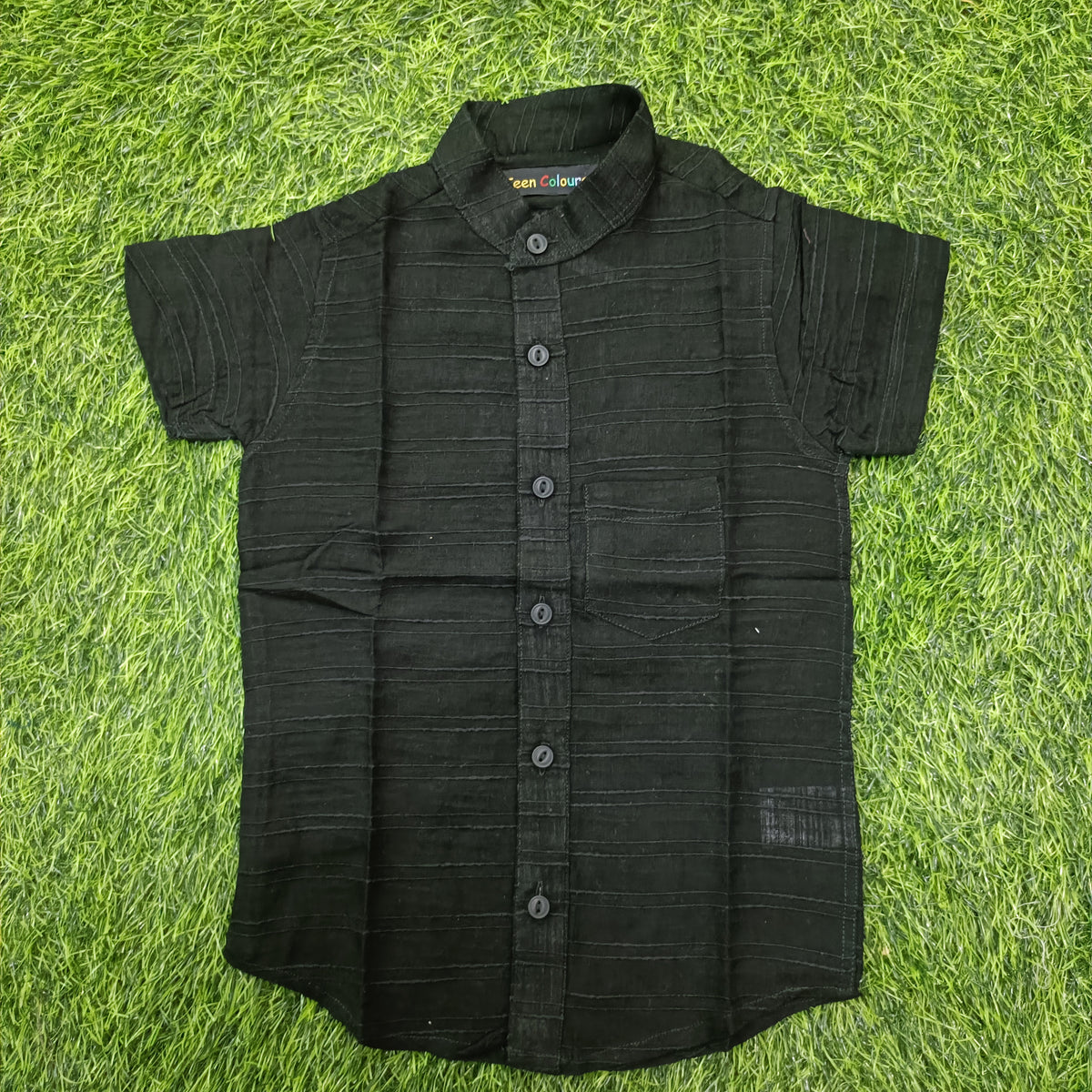 Boys Black Textured Mandarin Collar Cotton Shirt
