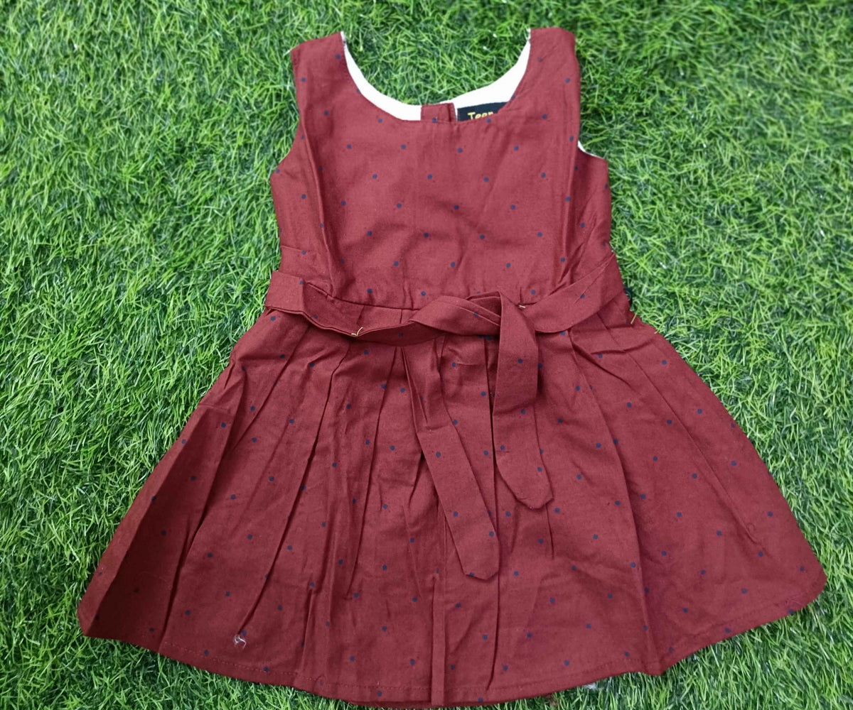 Girls’ Maroon Polka-Dot Sleeveless Cotton Party Frock