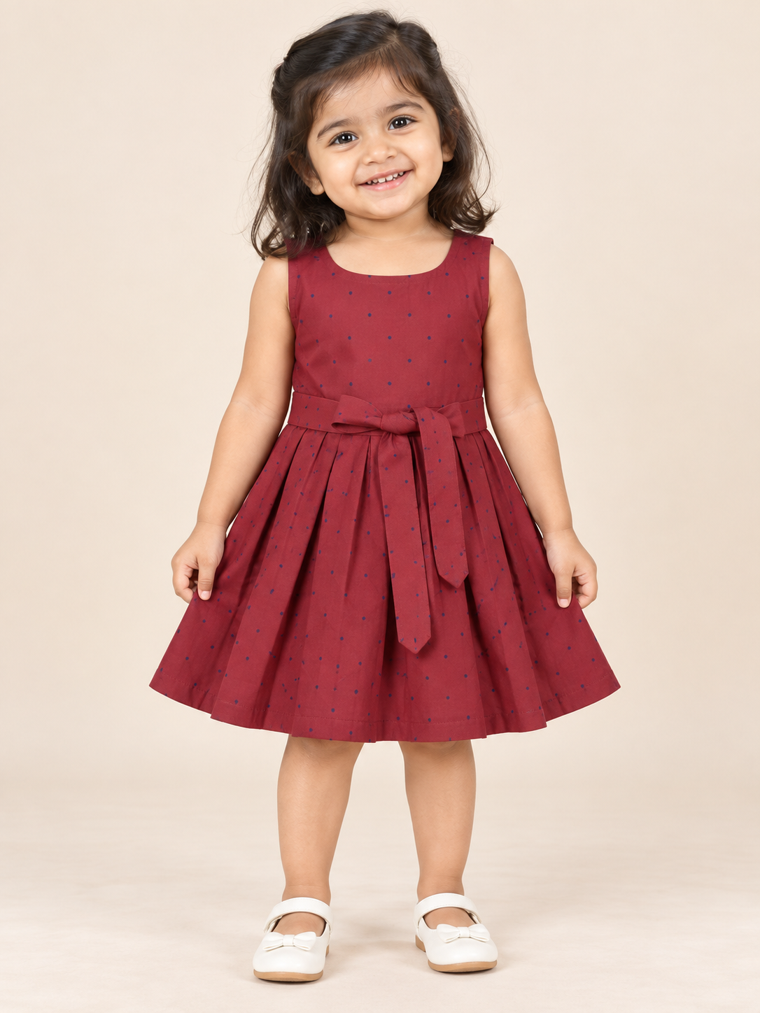 Girls’ Maroon Polka-Dot Sleeveless Cotton Party Frock
