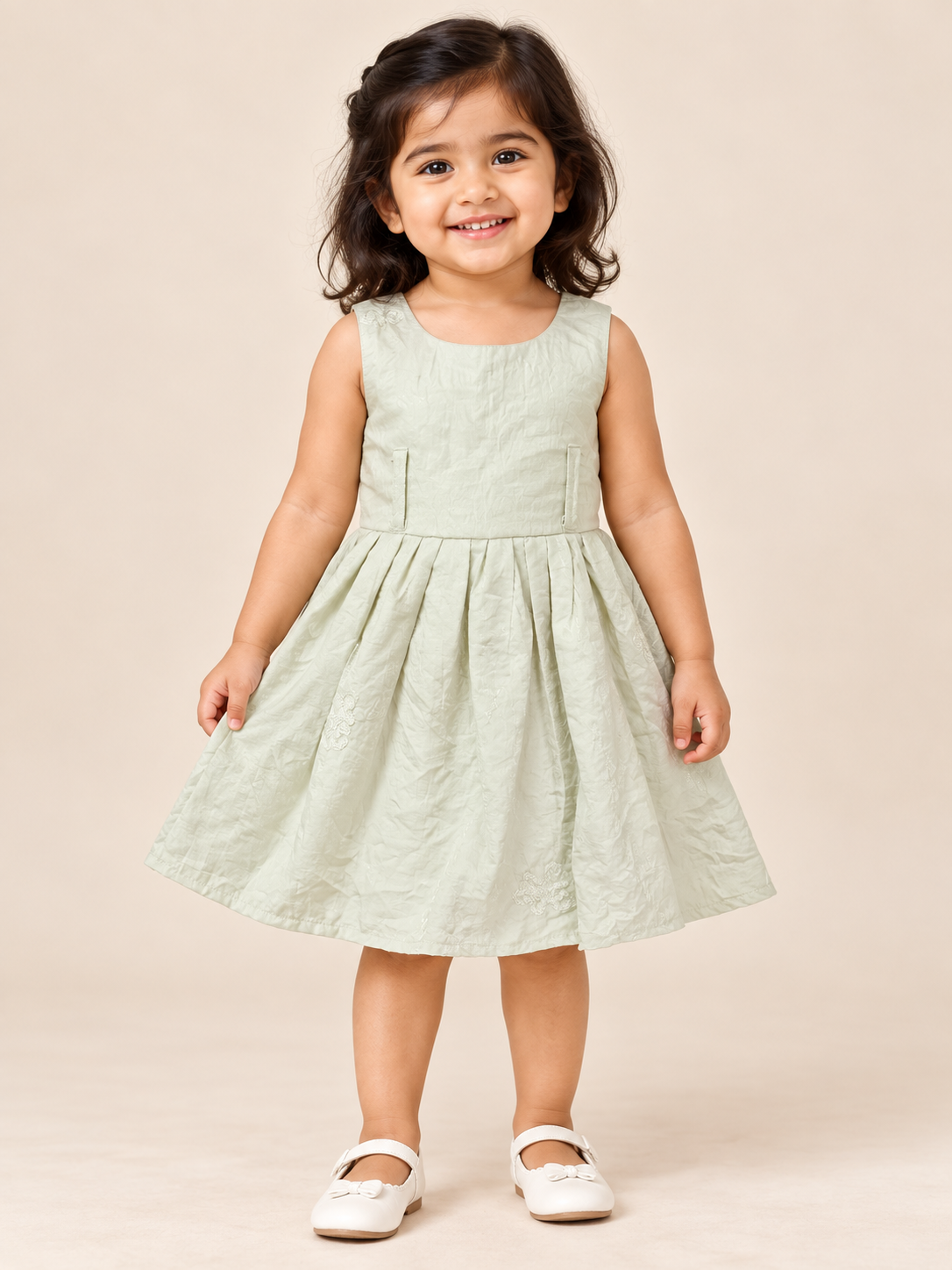 Girls’ Light Sage Sleeveless Cotton Party Frock