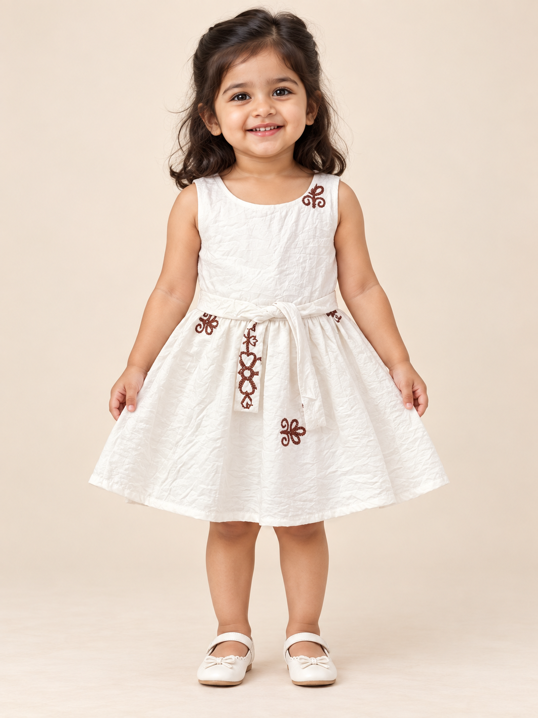 Girls’ White Embroidered Sleeveless Cotton Party Frock