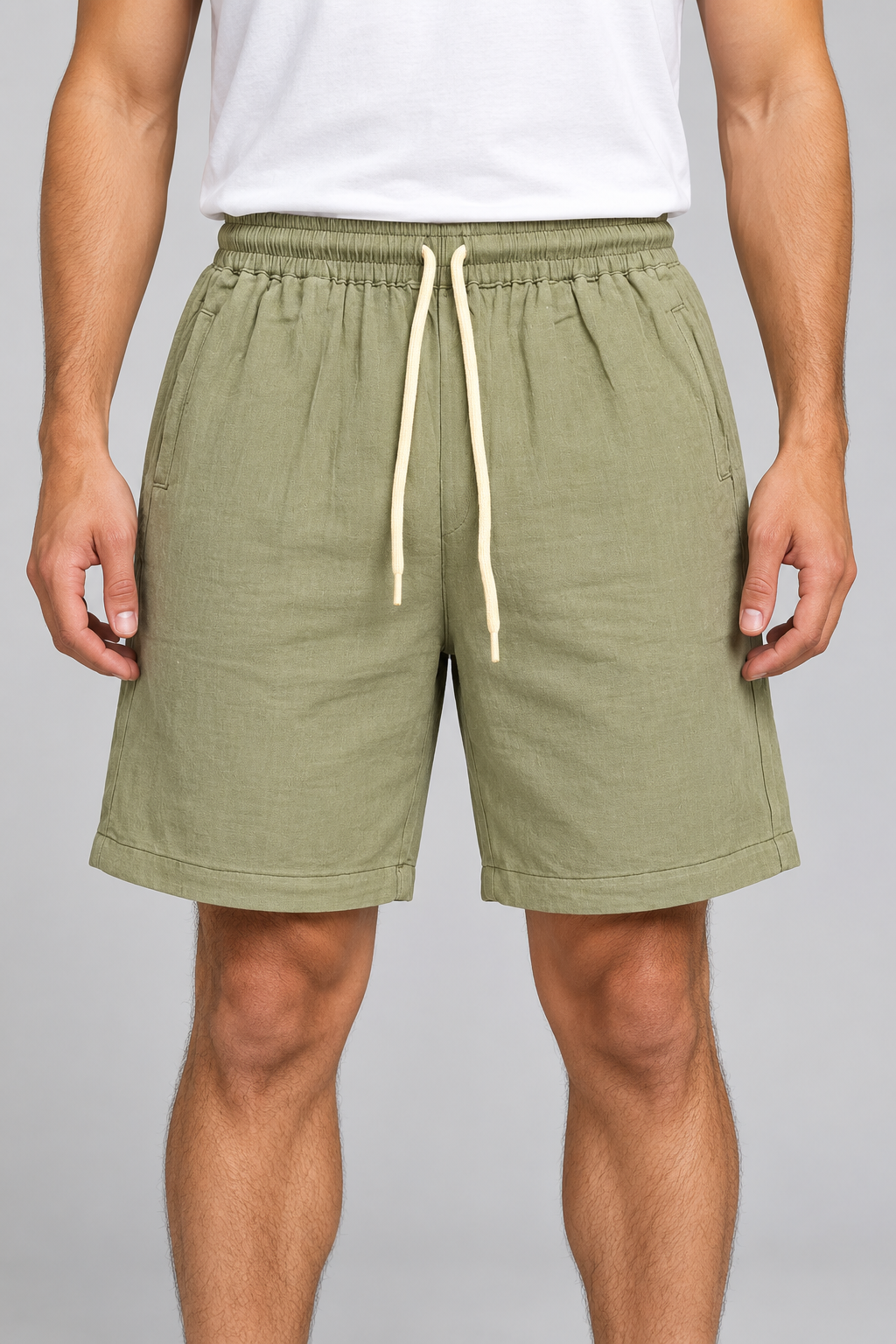Men’s Light Olive Green Elastic Waist Casual Short