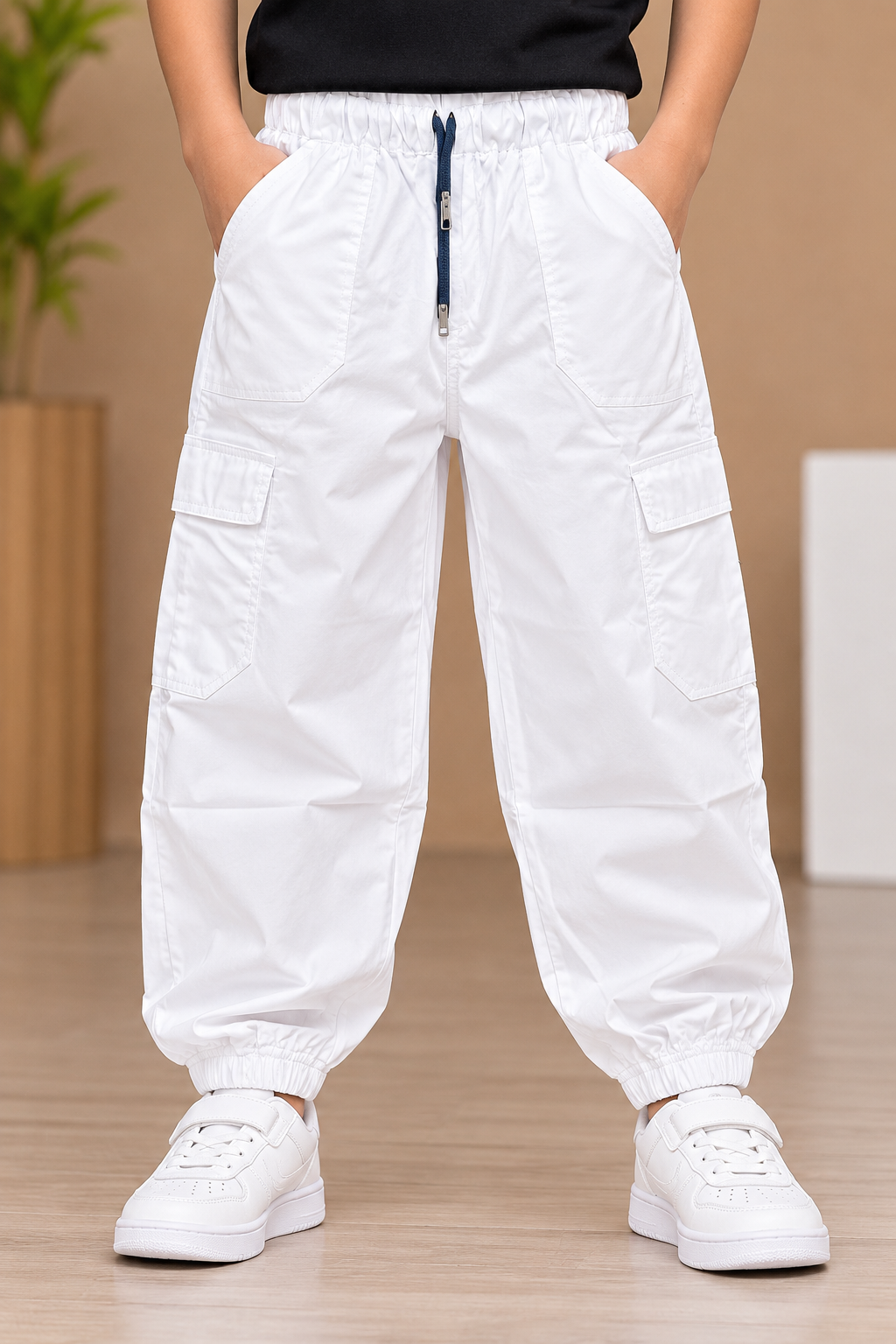 Boys White Baggy Fit 6 Pocket Cargo Jogger Pant